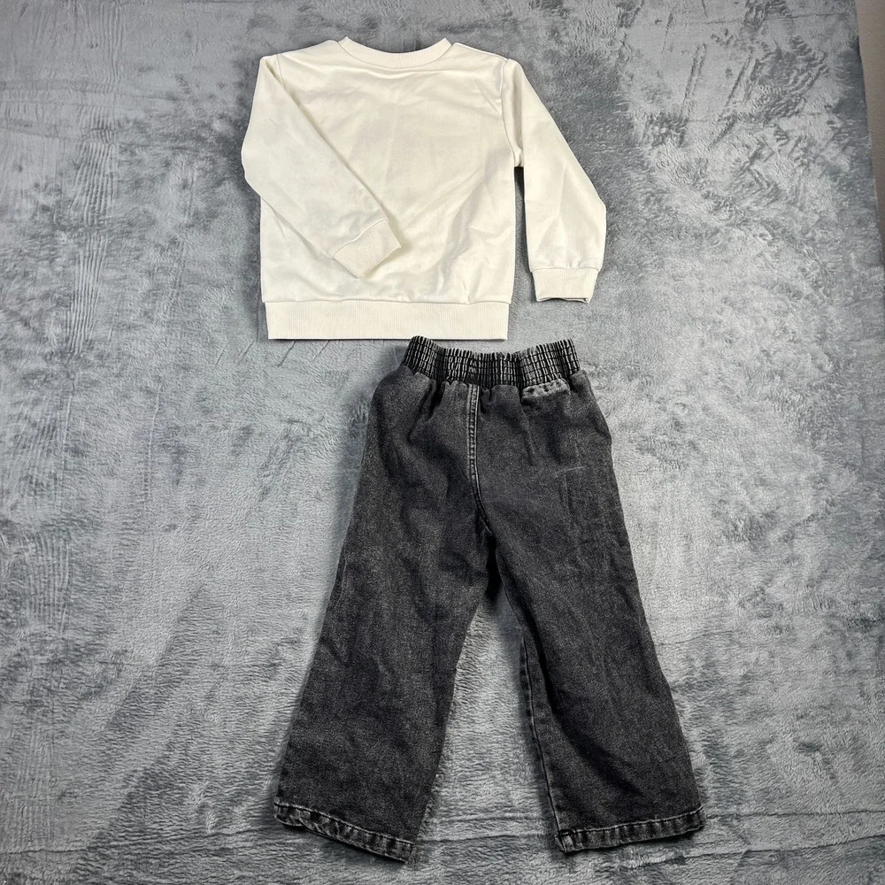 Shein Girls 2 Piece Outfit Set Size 5Y Beige Gray Bow Sweatshirt Pants Set